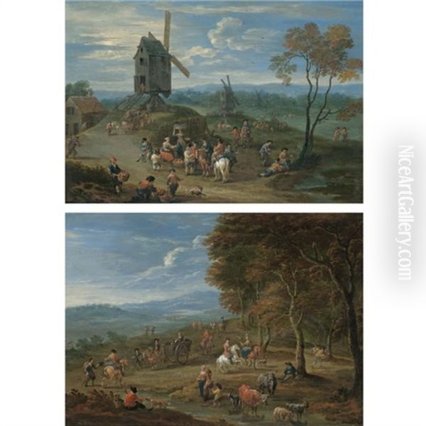 An Extensive Landscape With Peasants Selling Fruit Before A Series Of Windmills (+ A Landscape With Travellers Passing By The Edge Of A Forest; Pair) Oil Painting by Mathys Schoevaerdts