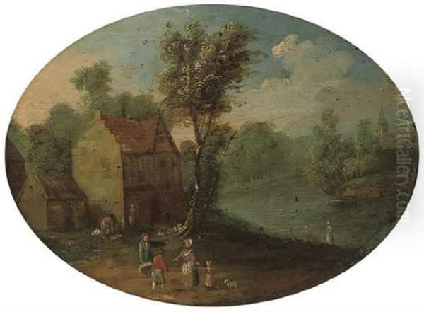 A Wooded River Landscape With Figures By A House by Mathys Schoevaerdts