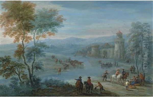 A River Landscape With Figures On Horseback And Cattle Outside A Walled Town Oil Painting by Mathys Schoevaerdts