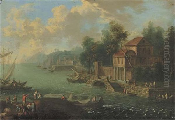 A Coastal Landscape With Fishermen On The Shore And Elegant Figures Promenading By A Villa by Mathys Schoevaerdts