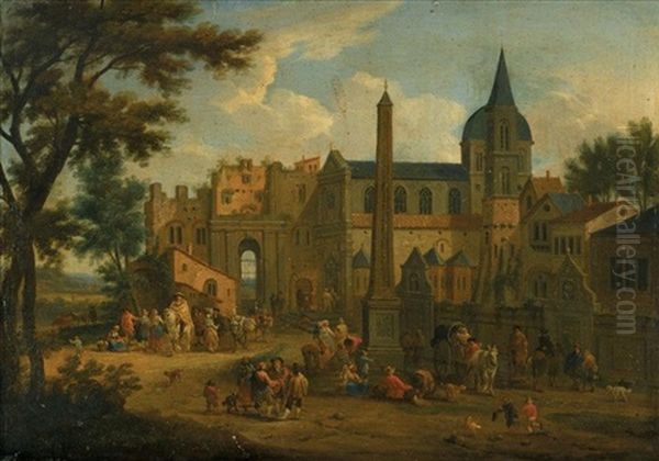 An Italianate Landscape, With Numerous Figures In A Piazza Before A Church Oil Painting by Mathys Schoevaerdts