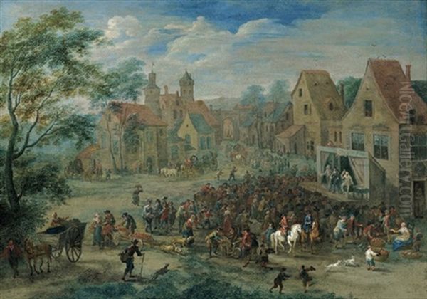 Eine Auffuhrung Von Wanderschauspielern In Einem Dorf Oil Painting by Mathys Schoevaerdts