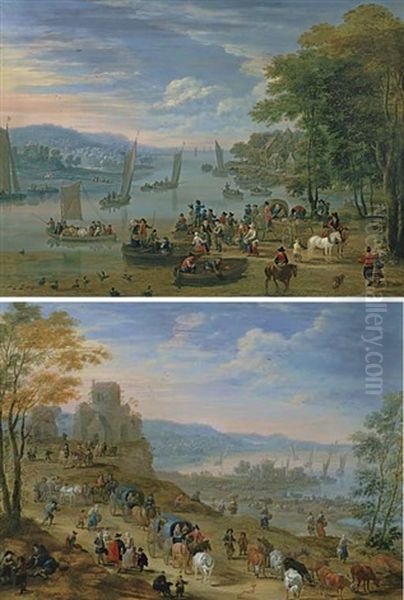 A Coastal Scene With Travelers And Drovers, A Harbor In The Distance (+ A Town On An Estuary With Peasants In Boats; Pair) Oil Painting by Mathys Schoevaerdts