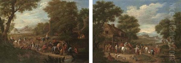 Travellers And Horsemen By A River, A Town Beyond (+ Horsemen And Villagers By A House In An Extensive River Landscape; Pair) Oil Painting by Mathys Schoevaerdts