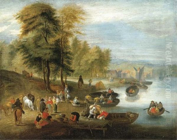 A River Estuary With Peasants Loading Barges Oil Painting by Mathys Schoevaerdts