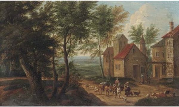 A Wooded Landscape With Travellers On Horseback On A Track By A Village Oil Painting by Mathys Schoevaerdts