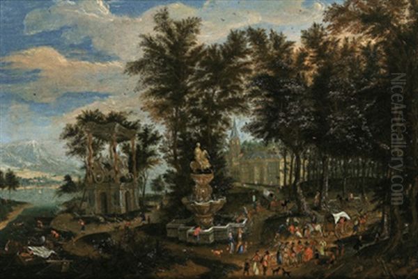 Bewaldete Landschaft Mit Einem Steinernen Brunnen, Einem Monument Und Vielen Figuren Oil Painting by Mathys Schoevaerdts