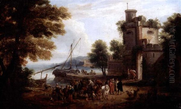 Italianate Harbour Scene With Figures On The Quay Before A Town's Walls Oil Painting by Mathys Schoevaerdts