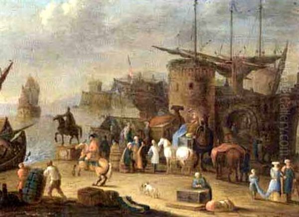 A Levantine Harbour With Camels Oil Painting by Mathys Schoevaerdts