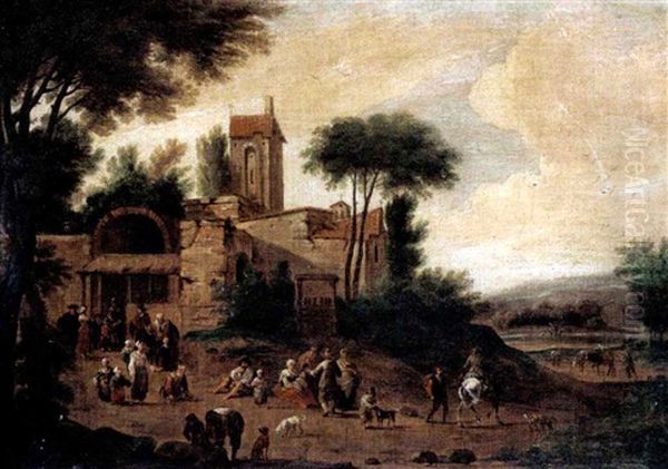 An Italianate Landscape With Figures Before A Church Oil Painting by Mathys Schoevaerdts