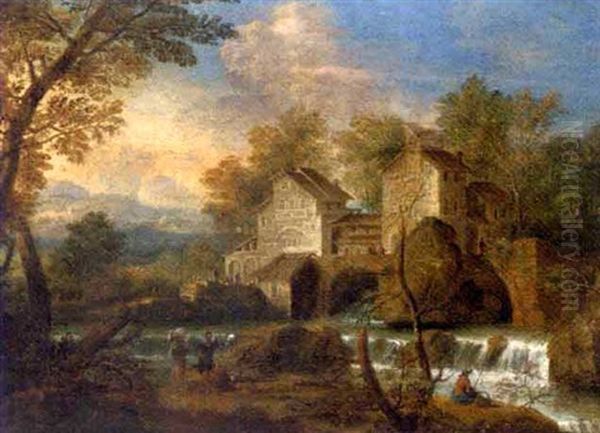 An Italianate River Landscape With Peasants On A Track, An Angler And A Town Beyond (+ An Italianate River Landscape With A Drover And His Cattle On A Track, A Water Mill Beyond; Pair) Oil Painting by Mathys Schoevaerdts