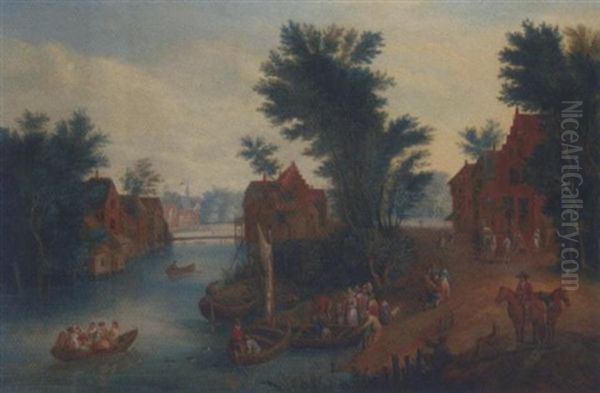 A Village Landscape With Elegant Company In Ferries Crossing A River Oil Painting by Mathys Schoevaerdts