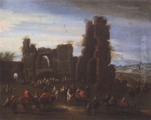 A Landscape With Travellers And Peasants Before Ruins Oil Painting by Mathys Schoevaerdts