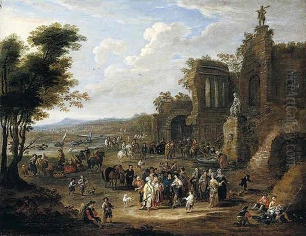 A River Landscape With Orientals And Locals Conversing Before A Set Of Ruins Oil Painting by Mathys Schoevaerdts