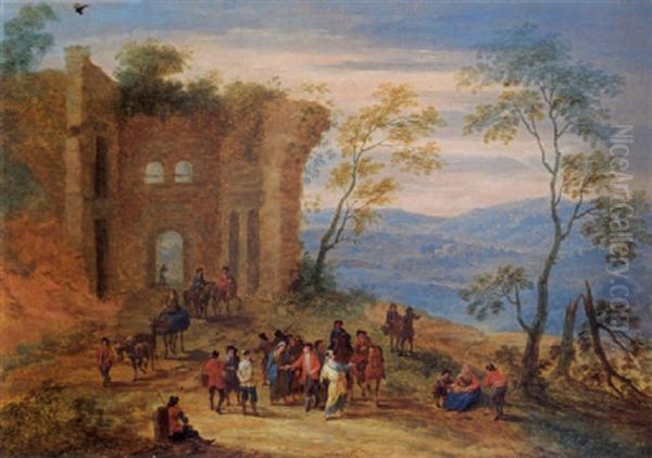 A Wooded Landscape With Gypsies, Horsemen And Travellers Conversing And Resting Near Ruins Oil Painting by Mathys Schoevaerdts