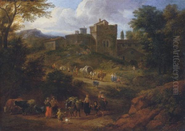 An Italianate Landscape With Travellers On A Hilly Path Near A Villa Oil Painting by Mathys Schoevaerdts