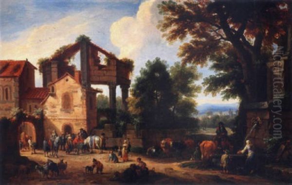 Scene Animee Autour De La Fontaine Du Village Oil Painting by Mathys Schoevaerdts