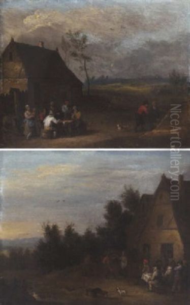 A Landscape With Peasants Smoking Around A Table Outside A Farmhouse Oil Painting by Mathys Schoevaerdts