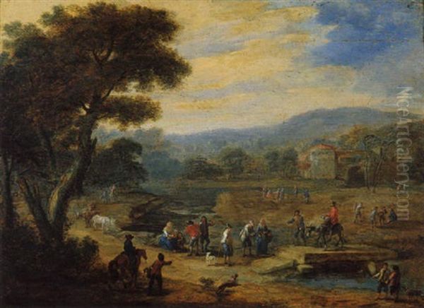 Landscape With Peasants Resting Beside A Stream With Buildings Beyond Oil Painting by Mathys Schoevaerdts