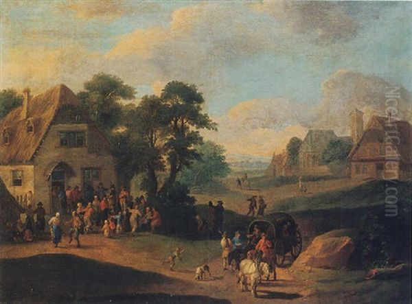 A Village Scene With Peasants Dancing Before An Inn, Waggoners On A Path In The Foreground Oil Painting by Mathys Schoevaerdts