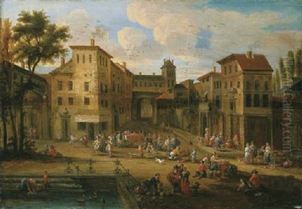 A Market In A Town Square Oil Painting by Mathys Schoevaerdts