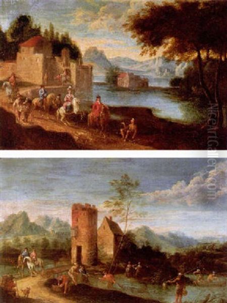 River Landscapes With Travellers And Peasants On A Path Oil Painting by Mathys Schoevaerdts