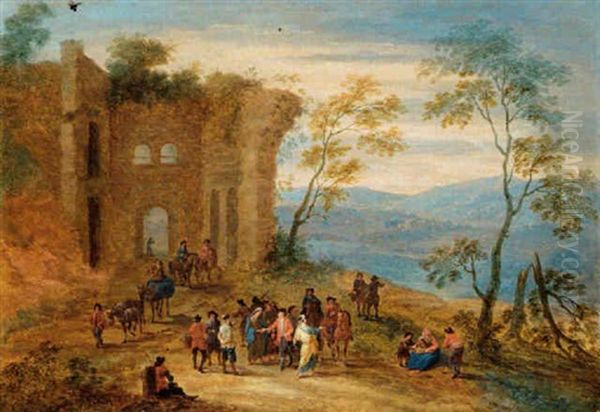 A Wooded Landscape With Gypsies, Horsemen And Travellers Conversing And Resting Near Ruins Oil Painting by Mathys Schoevaerdts