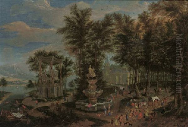 Travellers And Peasants On A Road By A Fountain Near A Country Mansion, A Truimphal Statue Of A Roman Emperor Near A Landing Stage Beyond Oil Painting by Mathys Schoevaerdts