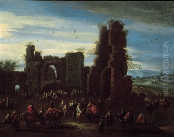 Travellers And Peasants By Classical Ruins In A Landscape Oil Painting by Mathys Schoevaerdts