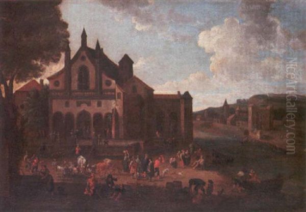 Numerous Figures In A Town Square Beside A River Oil Painting by Mathys Schoevaerdts