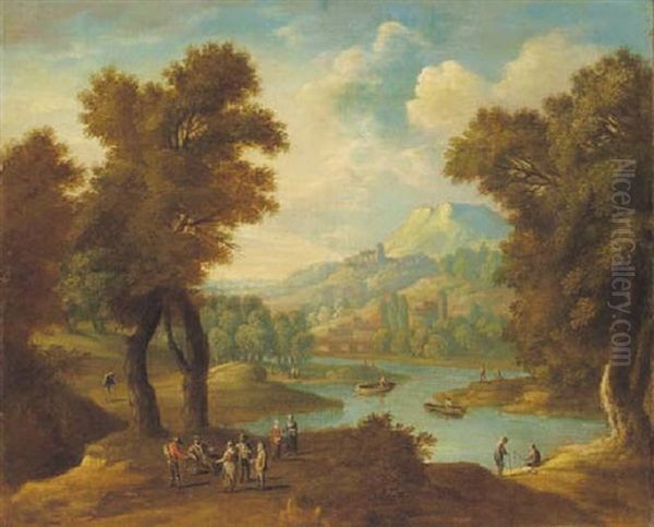 A Rocky Wooded Landscape With Peasants Conversing On A Track Oil Painting by Mathys Schoevaerdts