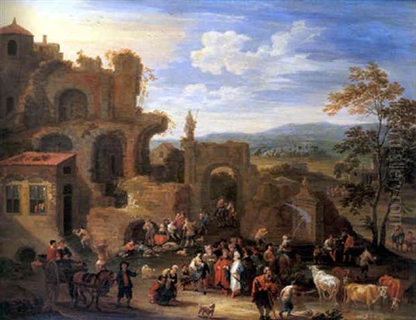 Scene De Marche Dans Un Paysage De Ruines Oil Painting by Mathys Schoevaerdts