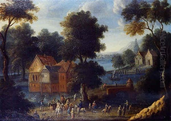 Paysage Fluvial Anime De Nombreux Personnages Oil Painting by Mathys Schoevaerdts