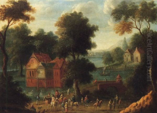 A River Landscape With Figures Assembled On A Track, A House Surrounded By Water Beyond Oil Painting by Mathys Schoevaerdts