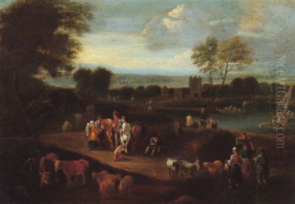 A Coastal Landscape With Travellers And Peasants Resting On The Roadside With Cows And Goats Grazing In The Foreground Oil Painting by Mathys Schoevaerdts