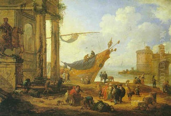 Ruines Antiques Pres D'un Rivage Anime De Marins Et De Marchands Turcs by Mathys Schoevaerdts