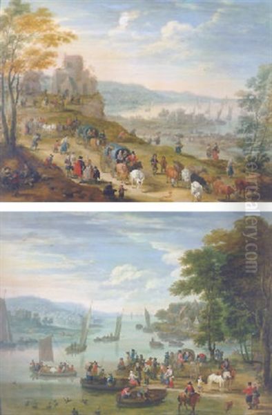 A Coastal Scene With Drovers And Their Herds And Travellers In Horse-drawn Carts On Path, Harbour With Shipping Beyond Oil Painting by Mathys Schoevaerdts