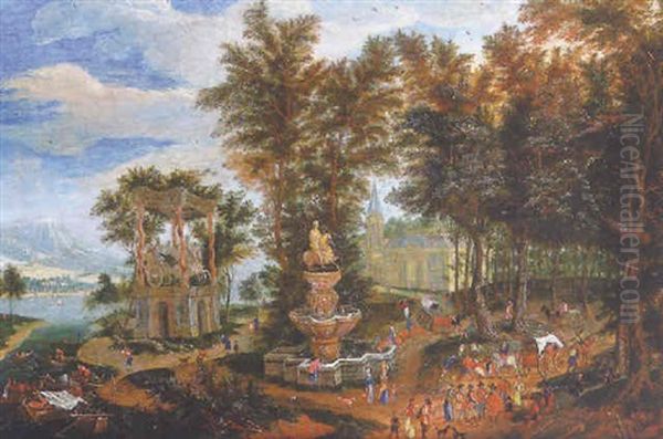 Paysage Fluvial Avec Chateau, Fontaine Et Architecture Anime De Tres Nombreux Villageois Cheminant Et Conversant Oil Painting by Mathys Schoevaerdts