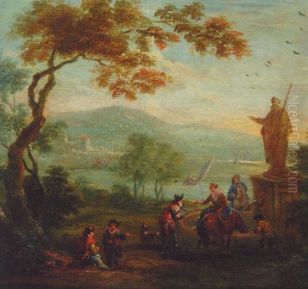 A River Landscape With Travellers Conversing By A Fountain Oil Painting by Mathys Schoevaerdts