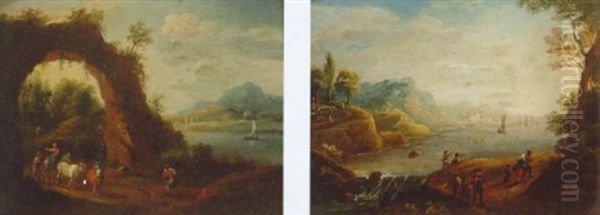 River Landscape With Drovers And Peasants Oil Painting by Mathys Schoevaerdts