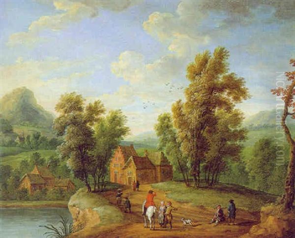 Bewaldete Fluslandschaft Mit Bauernhausern Und Reisenden Oil Painting by Mathys Schoevaerdts