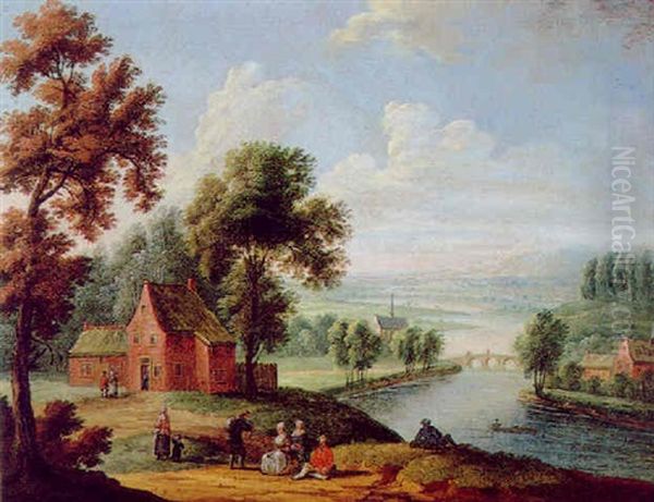 Bewaldete Fluslandschaft Mit Einer Steinernen Brucke Und Rastenden by Mathys Schoevaerdts