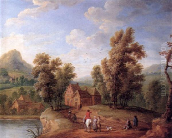 Travellers An Peasants On Country Roads In Riverlandscapes On A Summerday Oil Painting by Mathys Schoevaerdts