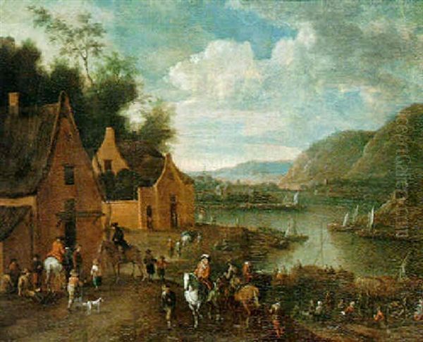 An River Landscape With Figures Along The Banks, A Town Beyond Oil Painting by Mathys Schoevaerdts