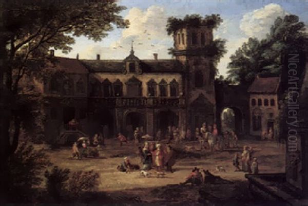 A Merchant And His Entourage In A Square, A Civic Building And A Tower Gate Beyond Oil Painting by Mathys Schoevaerdts