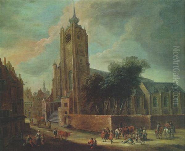 Townsfolk Outside A Church In Antwerp Oil Painting by Mathys Schoevaerdts