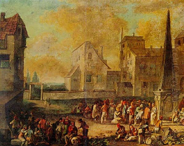 Peasants In A Piazza Oil Painting by Mathys Schoevaerdts