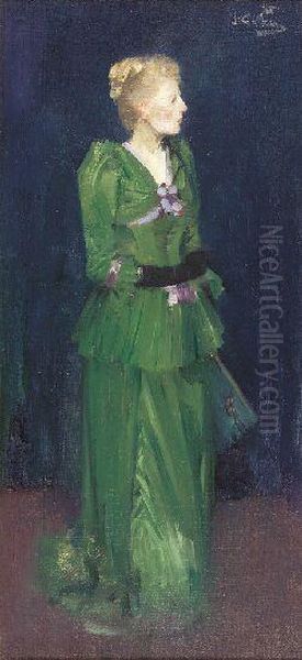 Full Length Portrait Of Maggie Hamilton In An Emerald Greendress Oil Painting by Benjamin James Bowen