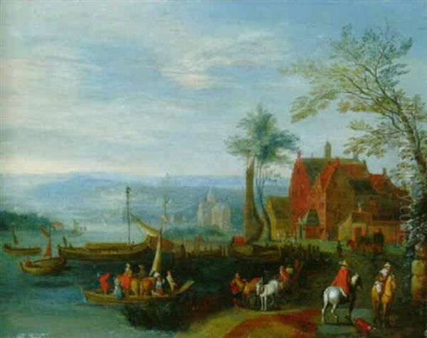 An Extensive River Landscape With A Ferry And Sailing Boats At A Quay Oil Painting by Mathys Schoevaerdts