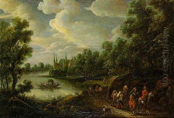 Paysage Anime D'une Riviere Et De Personnages Oil Painting by Mathys Schoevaerdts